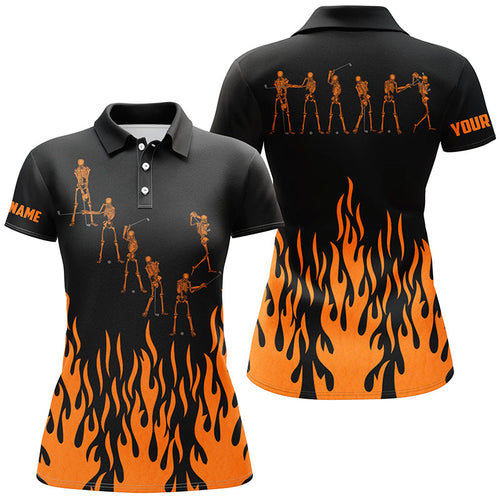 Orange flame golf skeleton custom black Women golf polo shirt, Halloween golf attire for women NQS6273