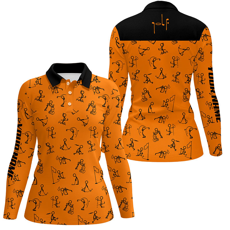 Womens golf polo shirts custom funny golf pattern, black orange