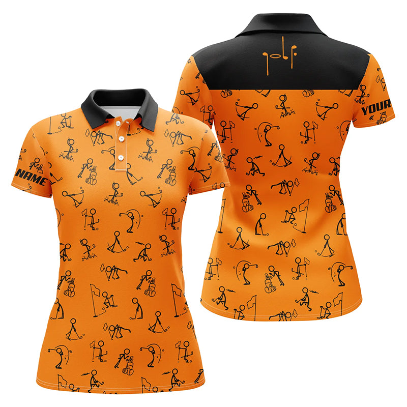 Womens golf polo shirts custom funny golf pattern, black orange polo shirt golf outfit women golf tops NQS6278