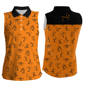 Women sleeveless polo shirts funny golf pattern, black orange polo shirt golf outfit women golf top NQS6278