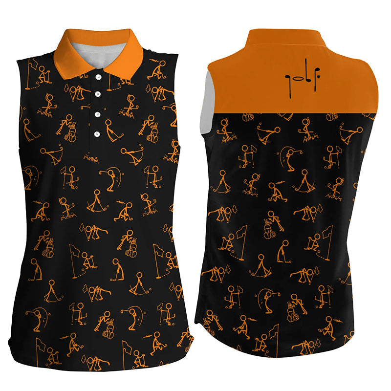 Women sleeveless polo shirts funny golf pattern, black orange polo shirt golf outfit women golf top NQS6279