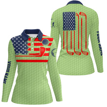 Load image into Gallery viewer, American flag patriotic womens golf polo shirt custom name green golf polo shirt, unique golf gifts NQS6479