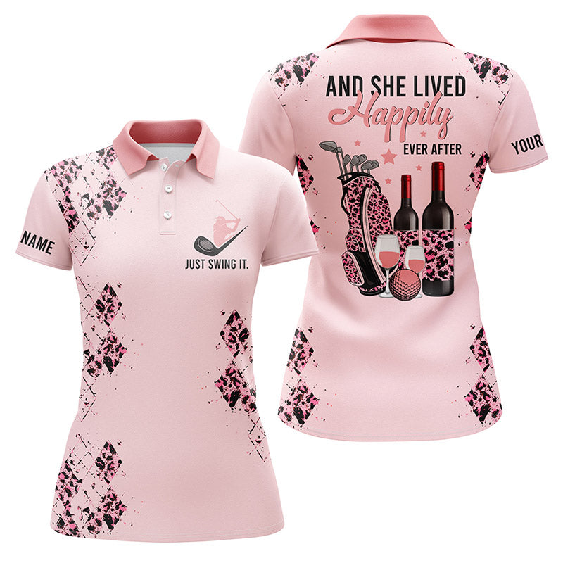 Pink leopard Womens golf polo shirts custom name funny golf and wine and she lived happily ever after NQS4233