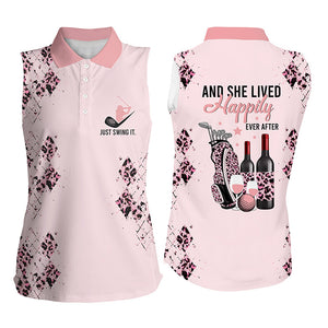 Pink leopard Womens sleeveless polo shirt golf wine just swing it and she lived happily ever after NQS4233