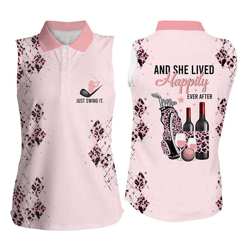 Pink leopard Womens sleeveless polo shirt golf wine just swing it and she lived happily ever after NQS4233