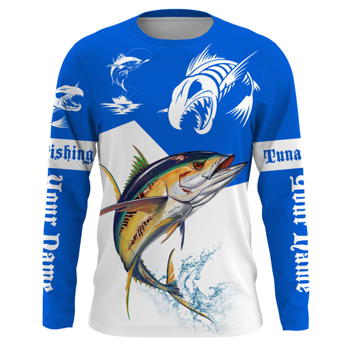 Angry Tuna fishing Custom Long sleeve Fishing Shirts, Tuna fish skeleton fishing jerseys | Blue NQS4235