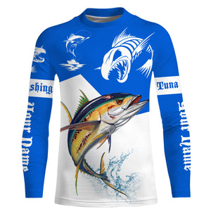 Angry Tuna fishing Custom Long sleeve Fishing Shirts, Tuna fish skeleton fishing jerseys | Blue NQS4235