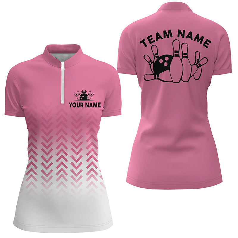 Retro bowling Quarter Zip shirts for women custom team bowling jerseys, gifts for bowlers | Pink NQS6938