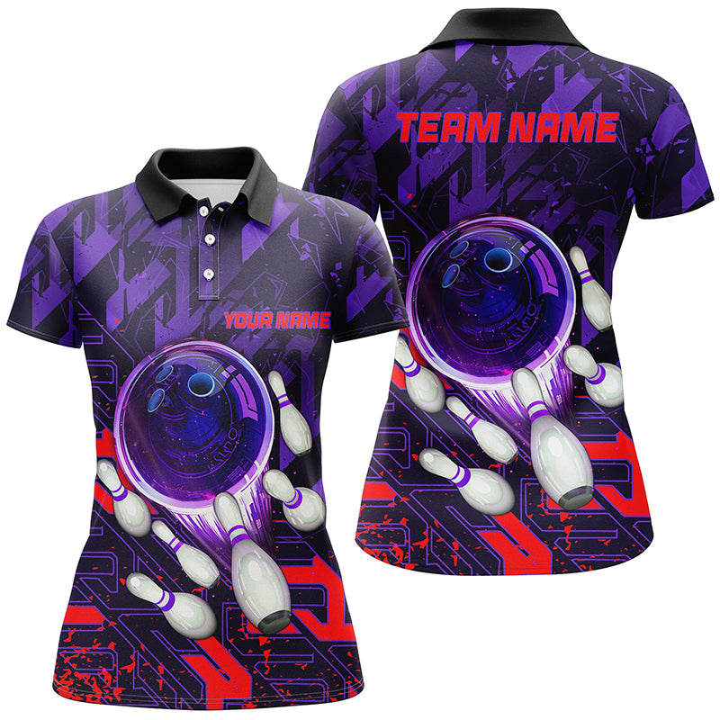 Women bowling polo shirts Custom purple red abstract Bowling Team league Jerseys, bowling gifts NQS7101