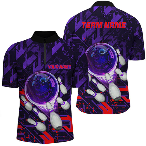 Men bowling Quarter Zip shirts Custom purple red abstract Bowling Team league Jerseys, bowling gifts NQS7101