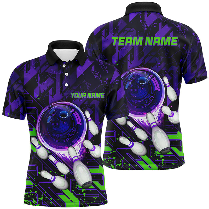 Mens Bowling polo shirts Custom purple green abstract Bowling Team league Jerseys, bowling gifts NQS7102