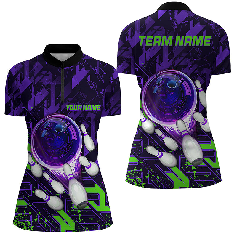 Womens Quarter Zip shirts Custom purple green abstract Bowling Team league Jerseys, bowling gifts NQS7102