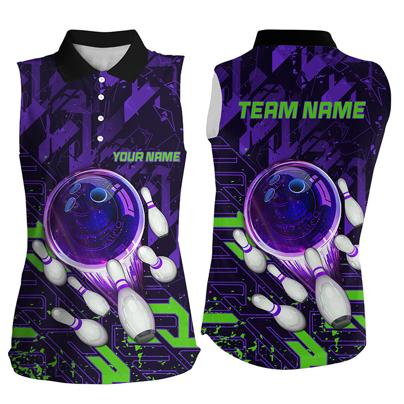 Women sleeveless polo shirts Custom purple green abstract Bowling Team league Jerseys, bowling gifts NQS7102