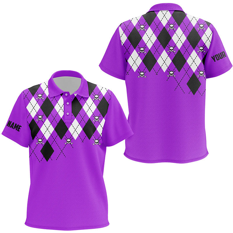 Kid golf polos shirt purple argyle plaid golf skull pattern custom purple golf tops for kid NQS7213