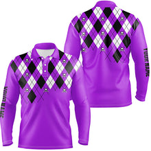 Load image into Gallery viewer, Mens golf polo shirts purple argyle plaid golf skull pattern custom mens purple golf tops NQS7213