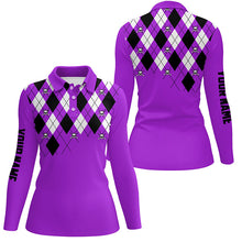 Load image into Gallery viewer, Womens golf polo shirt purple argyle plaid golf skull pattern custom ladies purple golf tops NQS7213