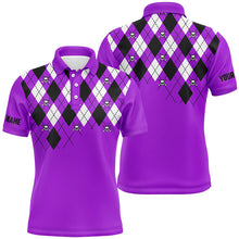 Load image into Gallery viewer, Mens golf polo shirts purple argyle plaid golf skull pattern custom mens purple golf tops NQS7213