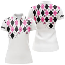 Load image into Gallery viewer, Womens golf polo shirt pink and black argyle plaid golf skull pattern custom white ladies golf tops NQS7214