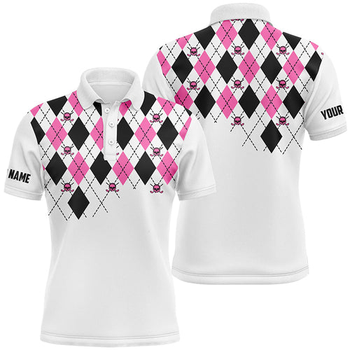 Mens golf polo shirts pink and black argyle plaid golf skull pattern custom white mens golf tops NQS7214