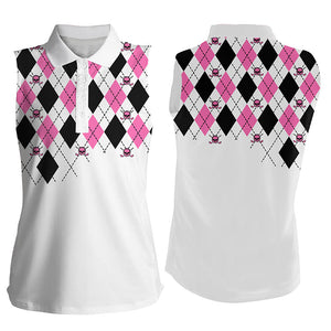 Women Sleeveless polo shirt pink and black argyle plaid golf skull pattern white ladies golf tops NQS7214