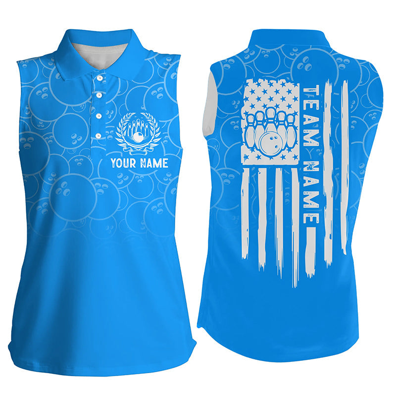 Blue bowling camo Women sleeveless polo shirts Custom American flag patriotic bowling team jerseys NQS7215