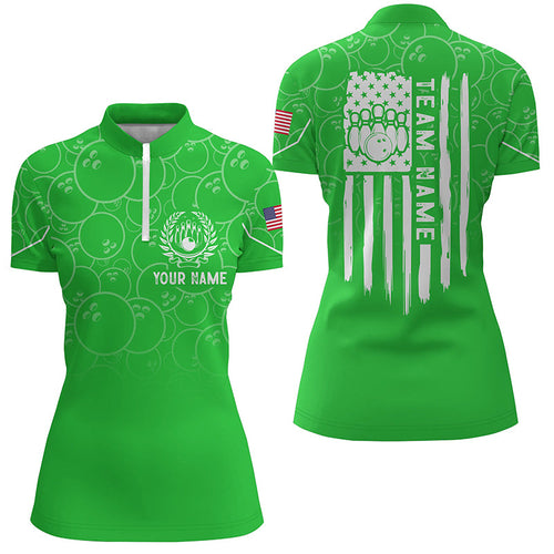 Green bowling camo Women bowling Quarter Zip shirt Custom American flag patriotic bowling team jerseys NQS7216