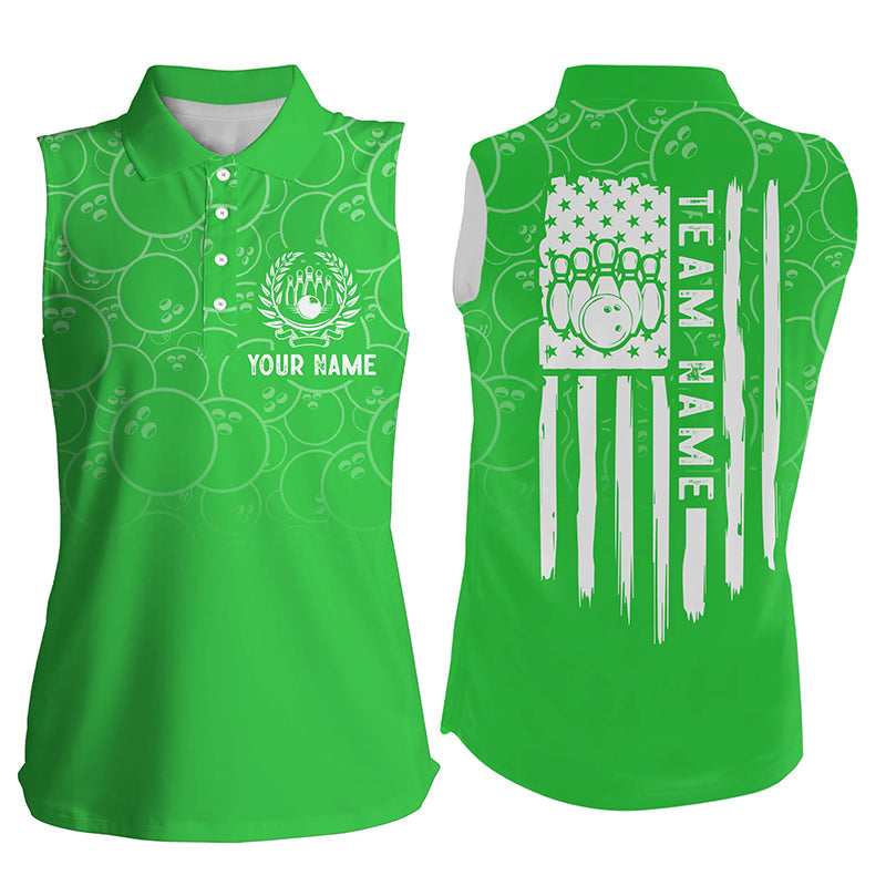 Green bowling camo Women sleeveless polo shirts Custom American flag patriotic bowling team jerseys NQS7216