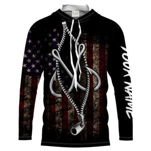 US Fishing 3D Fish Hook zipper American Flag patriotic UV protection customize name long sleeves shirts UPF 30+ fishing apparel NQS2157