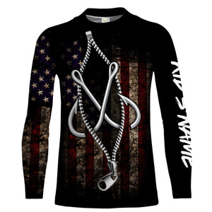 US Fishing 3D Fish Hook zipper American Flag patriotic UV protection customize name long sleeves shirts UPF 30+ fishing apparel NQS2157