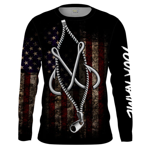 US Fishing 3D Fish Hook zipper American Flag patriotic UV protection customize name long sleeves shirts UPF 30+ fishing apparel NQS2157