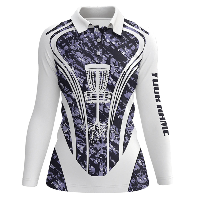 Womens golf polos shirts custom purple camo disc golf basket jersey, disc golf apparel NQS7225