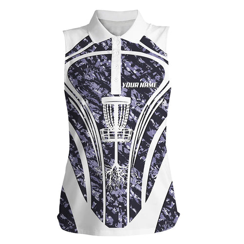 Womens Sleeveless disc golf polos shirts custom purple camo disc golf basket jersey, disc golf apparel NQS7225