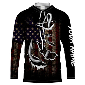 US Fishing 3D Fish Hook American Flag patriotic UV protection customize name long sleeves shirts UPF 30+ fishing apparel NQS2161