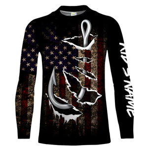 US Fishing 3D Fish Hook American Flag patriotic UV protection customize name long sleeves shirts UPF 30+ fishing apparel NQS2161