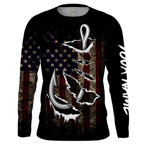 US Fishing 3D Fish Hook American Flag patriotic UV protection customize name long sleeves shirts UPF 30+ fishing apparel NQS2161