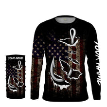 Load image into Gallery viewer, US Fishing 3D Fish Hook American Flag patriotic UV protection customize name long sleeves shirts UPF 30+ fishing apparel NQS2161