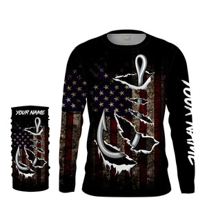 US Fishing 3D Fish Hook American Flag patriotic UV protection customize name long sleeves shirts UPF 30+ fishing apparel NQS2161