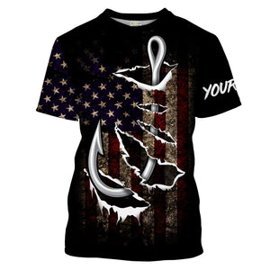 US Fishing 3D Fish Hook American Flag patriotic UV protection customize name long sleeves shirts UPF 30+ fishing apparel NQS2161