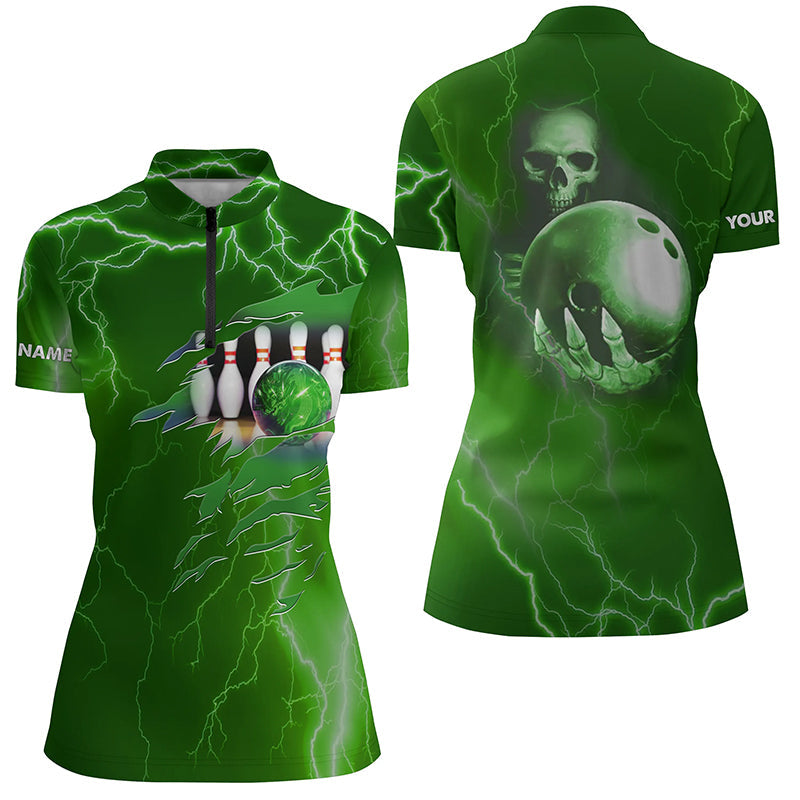 Personalized bowling Quarter-Zip shirt for women green lightning Custom Team skull bowling Jerseys NQS6493