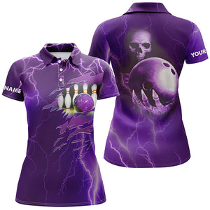 Personalized bowling polo shirt for women purple lightning Custom name Team skull bowling Jerseys NQS6494