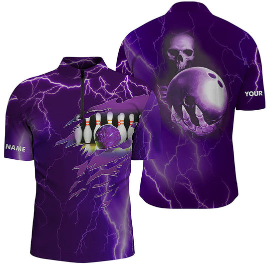 Personalized bowling Quarter-Zip shirt for men purple lightning Custom name Team skull bowling Jerseys NQS6494