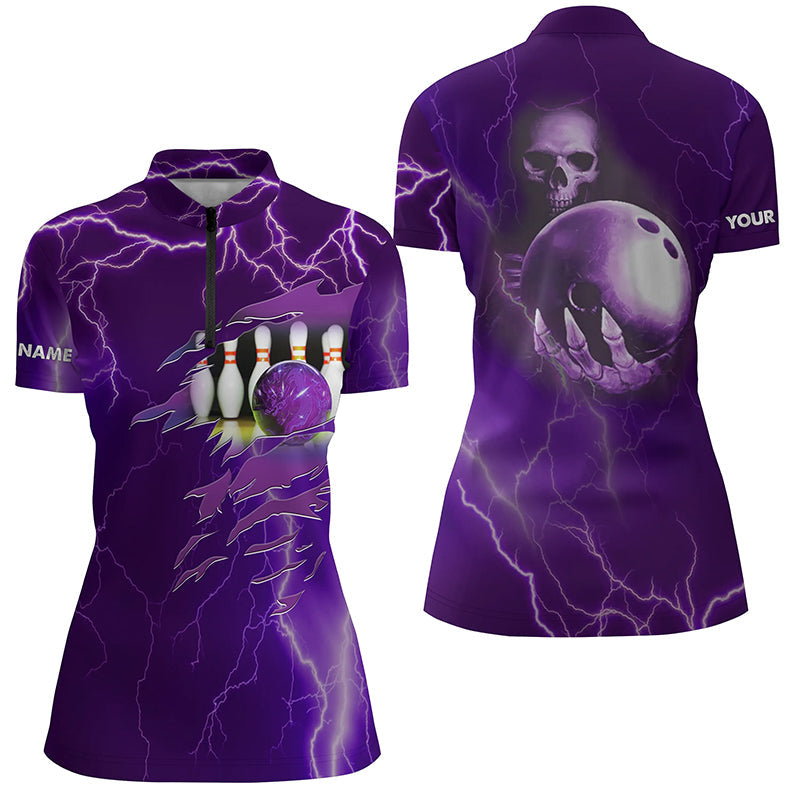 Personalized bowling Quarter-Zip shirt for women purple lightning Custom Team skull bowling Jerseys NQS6494