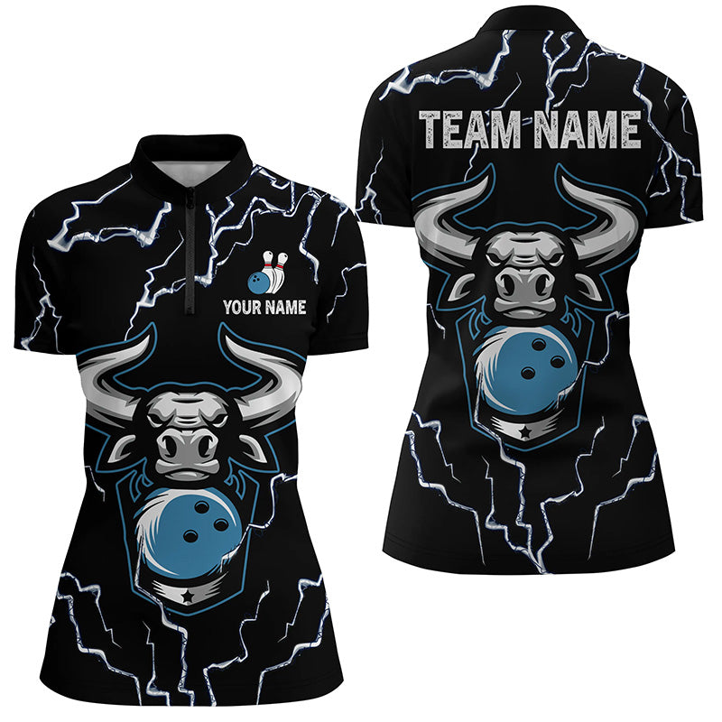 Bowling Bull Thunder Lightning Black women Bowling Quarter Zip shirt custom Bowling Team League Jersey NQS6498