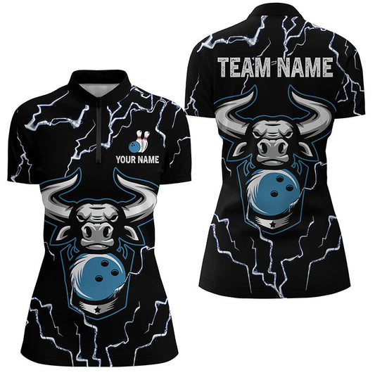 Bowling Bull Thunder Lightning Black women Bowling Quarter Zip shirt custom Bowling Team League Jersey NQS6498
