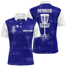 Load image into Gallery viewer, Blue and white Mens disc golf polo shirts custom disc golf basket, personalized disc golf gifts NQS6757