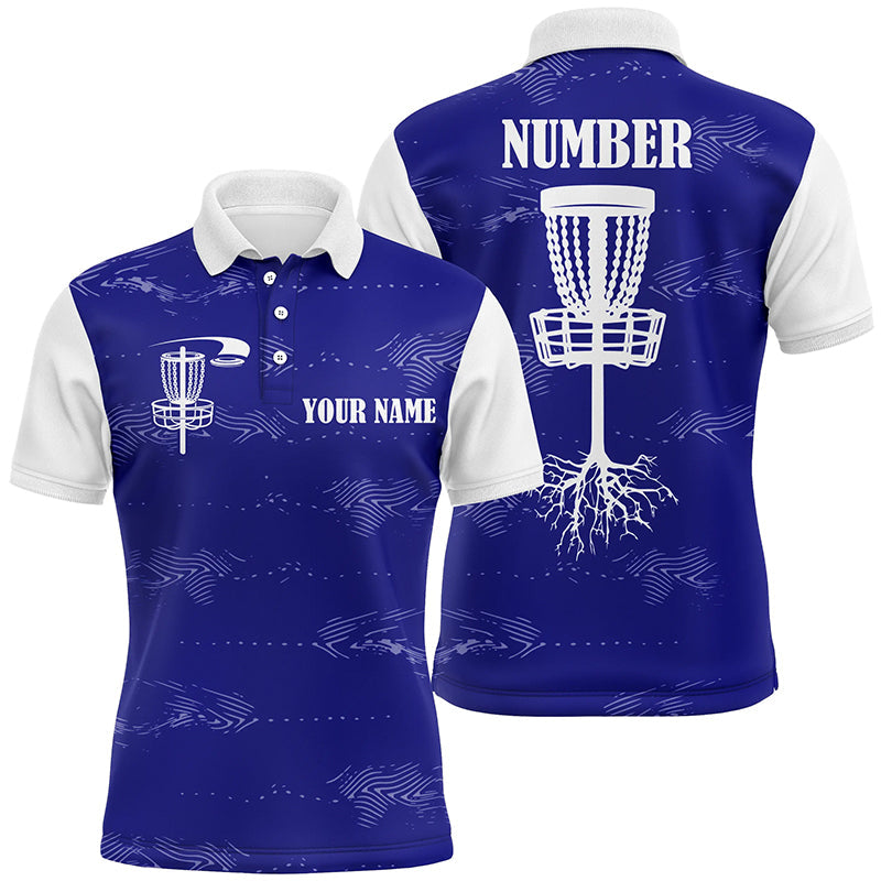 Blue and white Mens disc golf polo shirts custom disc golf basket, personalized disc golf gifts NQS6757