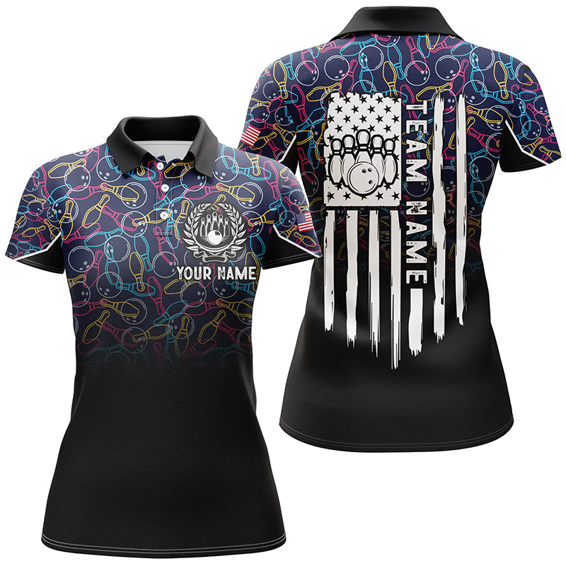 Black bowling camo Women bowling polo shirt Custom American flag patriotic bowling team league jerseys NQS6759