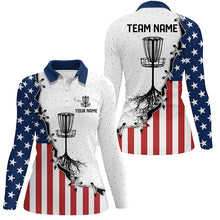 Load image into Gallery viewer, Red, white and blue American flag Womens disc golf polo shirt custom disc basket disc golf shirt NQS6765