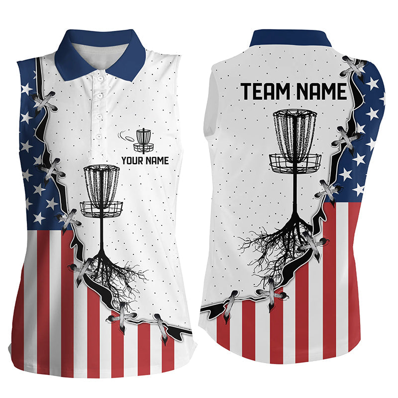 Red, white and blue American flag Women sleeveless polo shirt custom disc basket frisbee golf shirt NQS6765