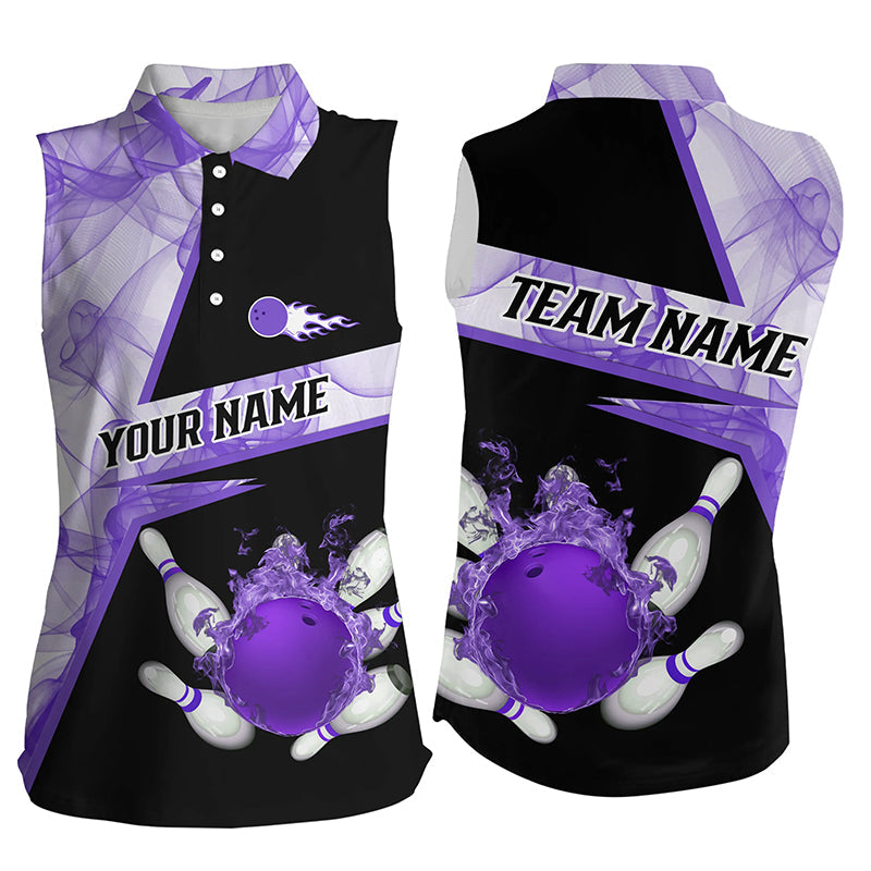 Bowling flame purple smoke pattern Custom black Women sleeveless polo shirts, Team Bowling Jerseys NQS7229